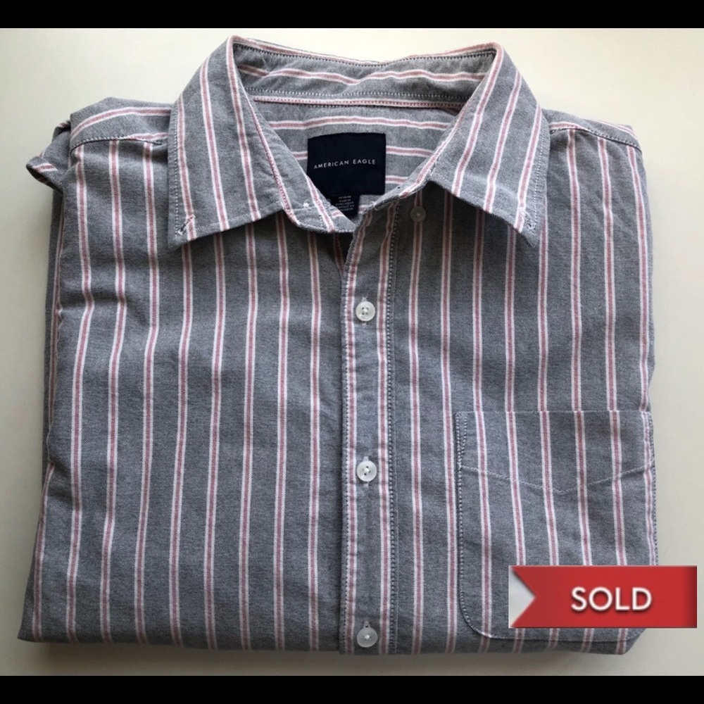 SOLD! AEO Gray, White, and Red Striped Button